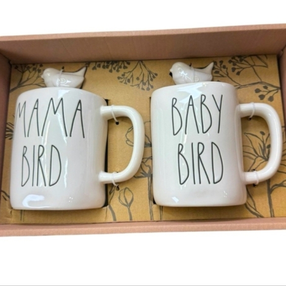 Rae Dunn Ceramic Mug Set - Mama Bird & Baby Bird With Bird Charms - New In Box - Picture 1 of 10